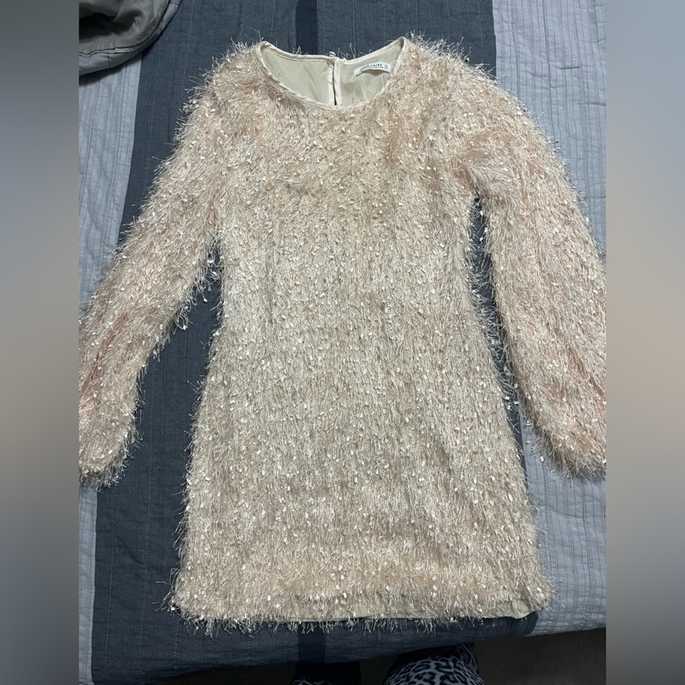 12th Tribe Cream Textured Long Sleeve Mini Dress